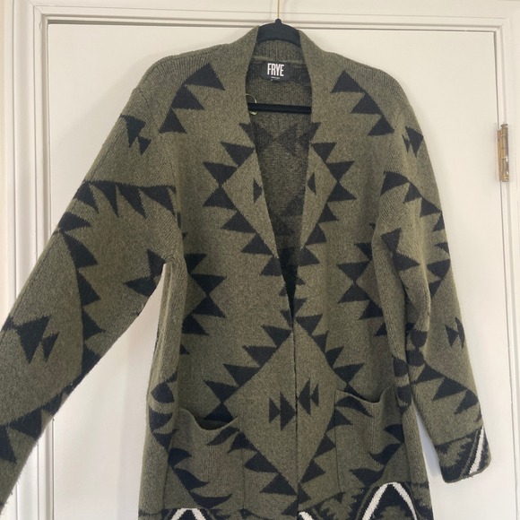 FRYE Geometric Aztec Print Open Front Long Sleeve Cardigan Olive Size XL - Picture 5 of 9